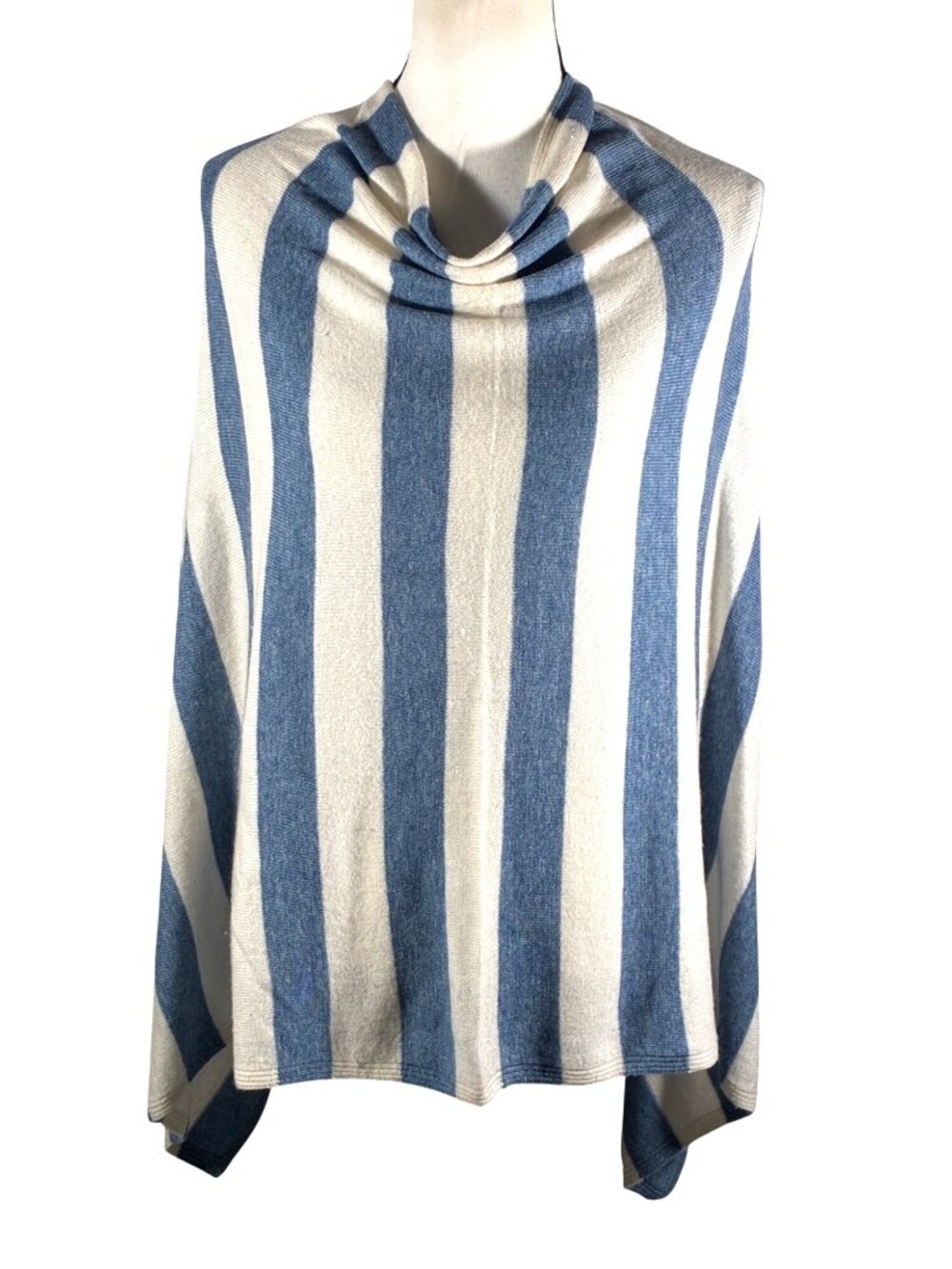 Blue & White Striped 100% Cashmere Poncho Handmade In Nepal Soft & Lightweight